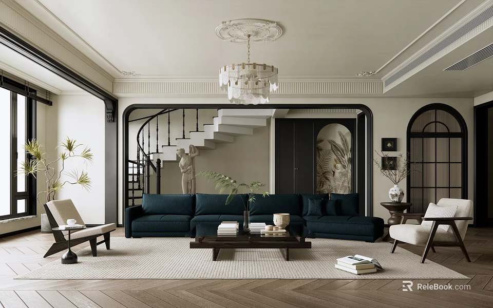 Elegant Modern Living Room Interior Design With Chandelier Dark Sofa Staircase And Decorative Rug 3d model 