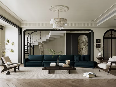Elegant Modern Living Room Interior Design With Chandelier Dark Sofa Staircase And Decorative Rug 3d model