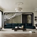 Elegant Modern Living Room Interior Design With Chandelier Dark Sofa Staircase And Decorative Rug