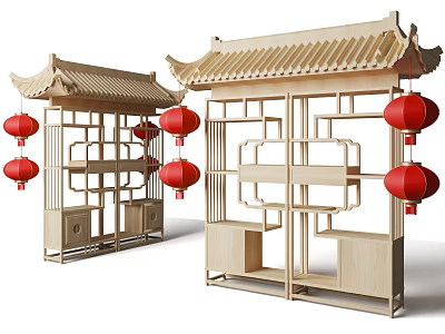 Traditional Chinese Style Bookcase With Roof Design Red Lanterns Shelves And Cabinets 3d model