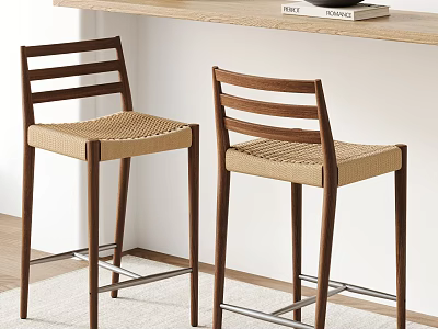 Two Modern Wooden Bar Stools With Woven Beige Seats By Wooden Bar Counter 3d model