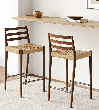Two Modern Wooden Bar Stools With Woven Beige Seats By Wooden Bar Counter 3d model