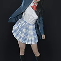 Woman in Blue Blazer White Shirt Red Bow Tie Plaid Skirt Posed on Black Background
