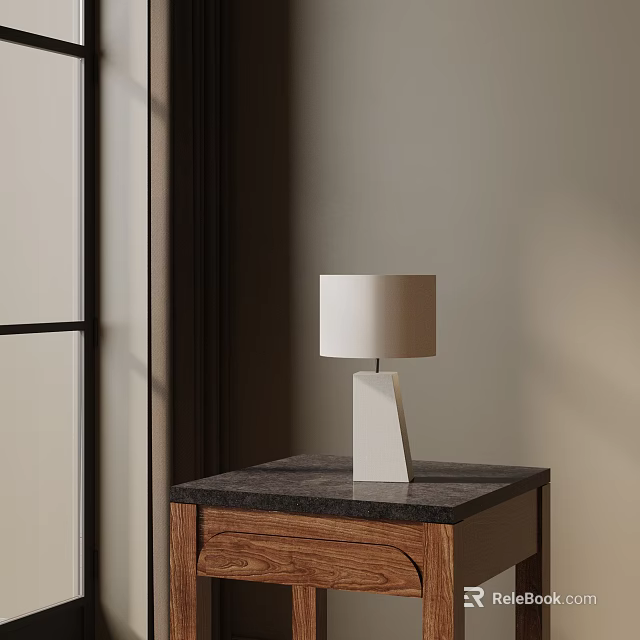 Modern Table Lamp With Geometric Base Light Shade On Wooden Nightstand Dark Marble Top 3d model 