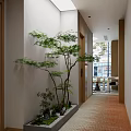 Modern Hotel Corridor With Wooden Wall Decor Red Tile Floor And Potted Greenery
