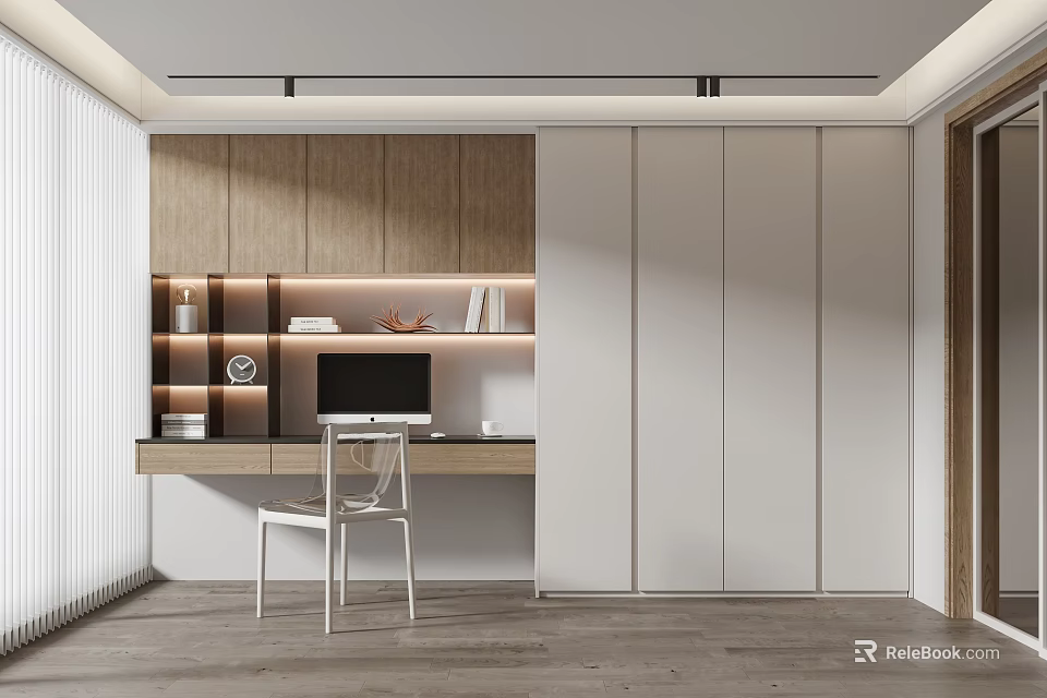 Modern Study Room Interior Design With Lit Shelves And Desk 3d model