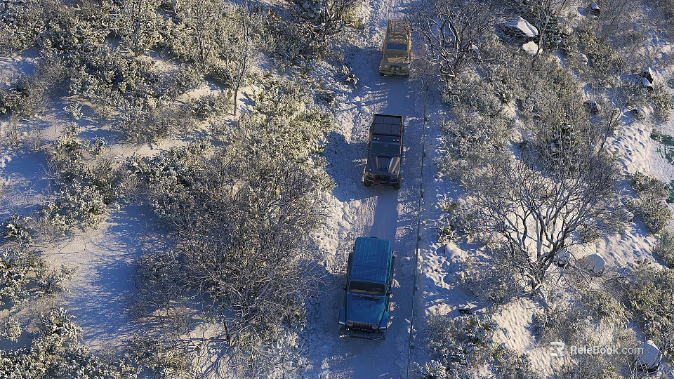 Stunning Snow Covered Winter Forest Scenery With Three Off Road Cars Parked On Narrow Trail 3d model 