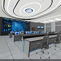 Modern Monitoring Room Interior With Large Blue Screen Control Desks And Ergonomic Chairs
