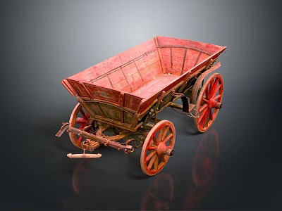 Antique Red Wooden Cart Featuring Large Spoked Wheels And Rustic Weathered Design 3d model