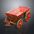Antique Red Wooden Cart Featuring Large Spoked Wheels And Rustic Weathered Design