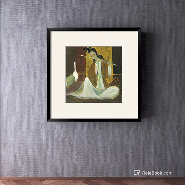 Traditional Female Portrait Painting With White Dress Flute And Vase In Black Frame 3d model 