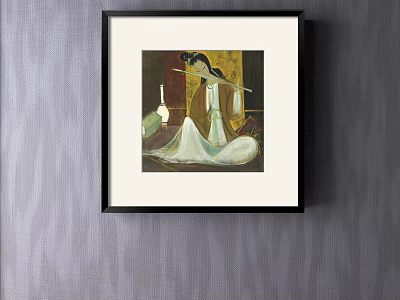 Traditional Female Portrait Painting With White Dress Flute And Vase In Black Frame 3d model