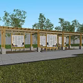 Outdoor Wooden Pergola With Display Boards Benches And Green Trees