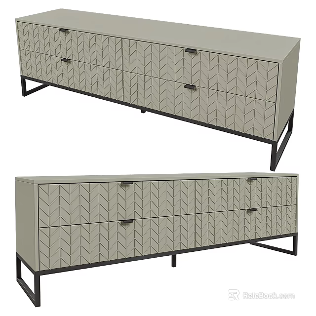Modern Gray Storage Cabinet With Black Metal Legs And Herringbone Design 3d model 