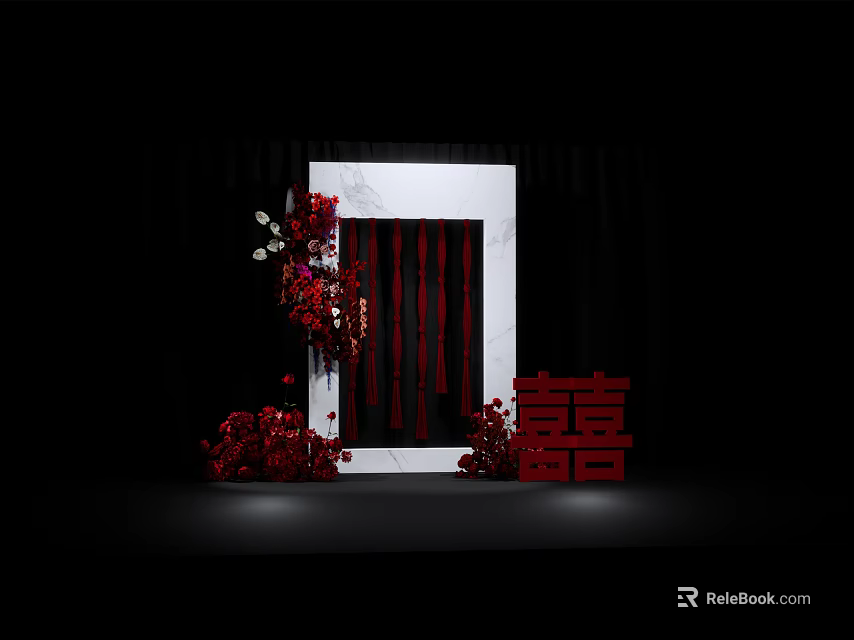 Red Themed Photo Spot With Chinese Double Happiness Symbol White Frame And Red Floral Arrangement 3d model 