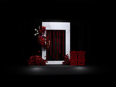 Red Themed Photo Spot With Chinese Double Happiness Symbol White Frame And Red Floral Arrangement 3d model