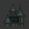Unique Wooden House With Pointed Roofs Green Lit Windows And Shiny Reflections