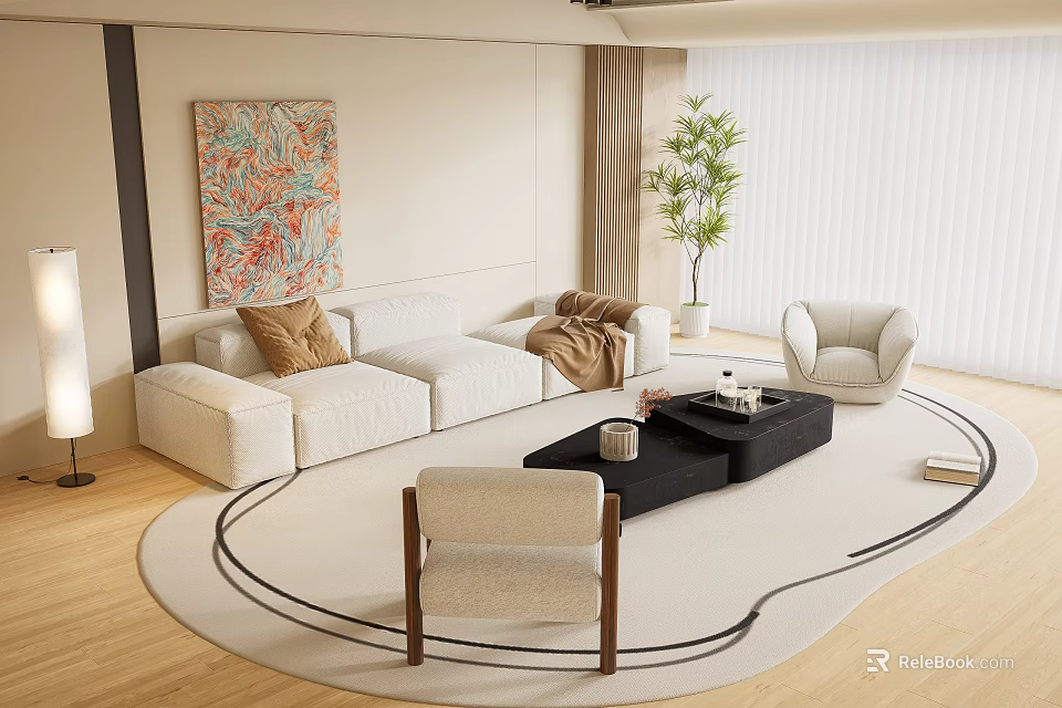 Modern Living Room Interior Design With White Sofa Black Coffee Table And Artwork 3d model 