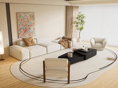 Modern Living Room Interior Design With White Sofa Black Coffee Table And Artwork 3d model