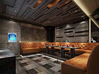 Modern KTV Interior Design With Comfortable Seating Wooden Ceiling And Tables 3d model