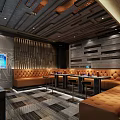 Modern KTV Interior Design With Comfortable Seating Wooden Ceiling And Tables 3d model