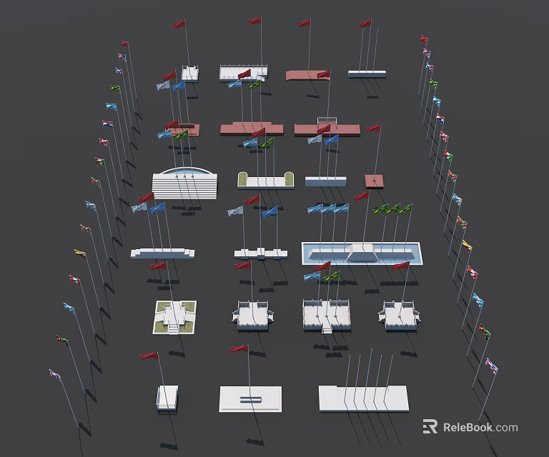 Garden Landscape Design With Various Decorative Flags Structures And Greenery Elements 3d model