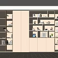 Modern Beige Display Cabinet With Glass Doors Open Shelves And Decorative Books In Bright Room