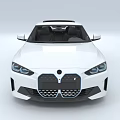 White Electric Car With Sunroof Blue Stripe Black Wheels And LED Headlights