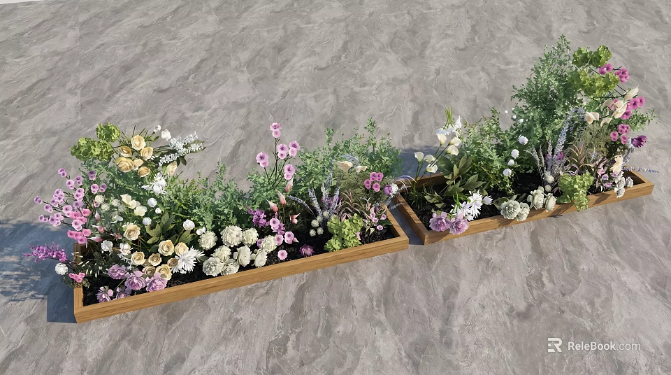 Stunning Floral Display In Wooden Planters With White Pink Purple Flowers And Green Foliage 3d model 
