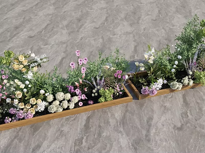Stunning Floral Display In Wooden Planters With White Pink Purple Flowers And Green Foliage 3d model