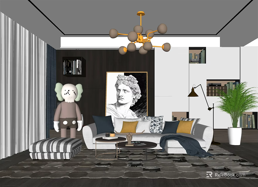 Modern Living Room Interior Design With Sofa Pillows Black White Portrait Gold Chandelier And Green Plant 3d model 