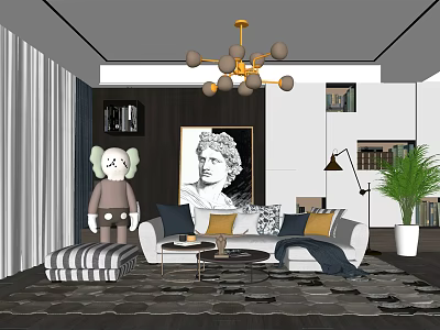 Modern Living Room Interior Design With Sofa Pillows Black White Portrait Gold Chandelier And Green Plant 3d model