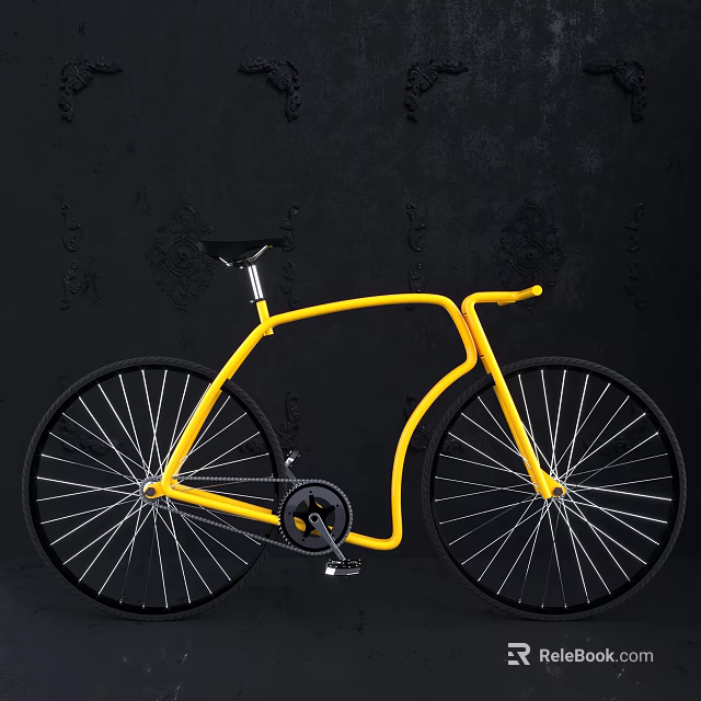 Stylish Yellow Bicycle With Modern Unique Frame And Black Wheels Against Dark Background 3d model 
