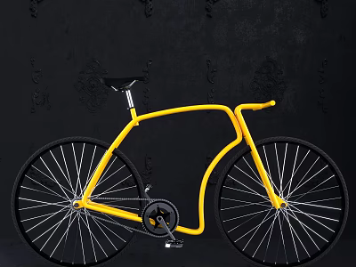 Stylish Yellow Bicycle With Modern Unique Frame And Black Wheels Against Dark Background 3d model