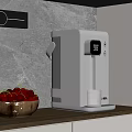 Wooden Kitchen Countertop With White Water Dispenser And Bowl Of Red Cherries On Gray Wall