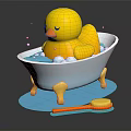 Yellow Rubber Duck Doll in White Bathtub with Blue Water Bubbles and Red Brush