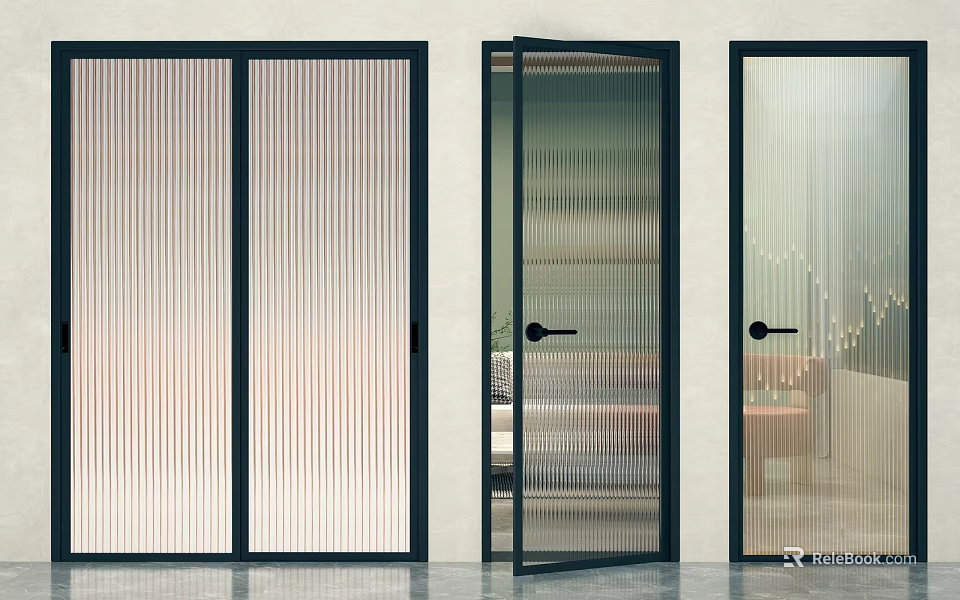 Stylish Glass Doors With Vertical Stripes And Black Frames Partially Open 3d model