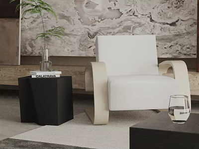 Stylish White Leisure Chair With Curved Wooden Armrests Black Side Table Plant And Marble Backdrop 3d model