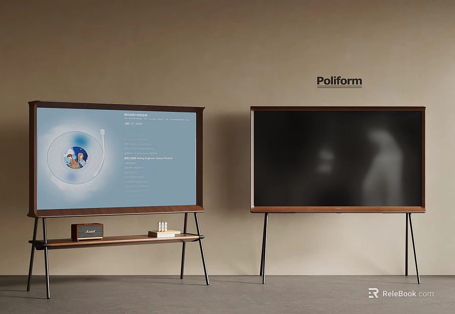 Pollform Televisions on Stands with One Blue Interface Screen and Another Black Display in Interior 3d model 