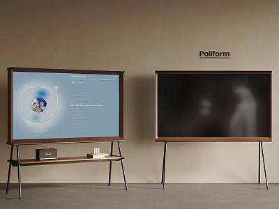Pollform Televisions on Stands with One Blue Interface Screen and Another Black Display in Interior 3d model