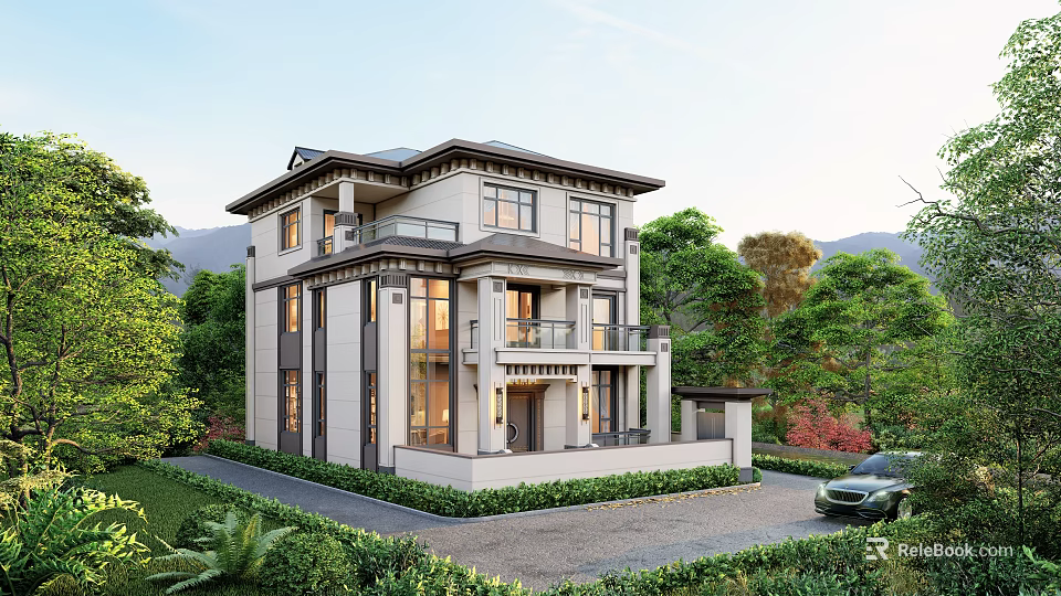 Modern Two Story Detached Villa With Lush Greenery Large Windows And Front Driveway 3d model 