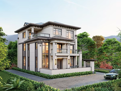 Modern Two Story Detached Villa With Lush Greenery Large Windows And Front Driveway 3d model