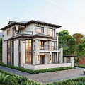 Modern Two Story Detached Villa With Lush Greenery Large Windows And Front Driveway
