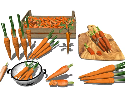 Fresh Carrots With Leafy Tops In Wooden Crate On Board Sliced And In Colander 3d model