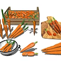Fresh Carrots With Leafy Tops In Wooden Crate On Board Sliced And In Colander