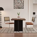 Wooden Dining Table With Black Legs And Rattan Back Chairs Indoor Green Plant