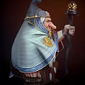 Fantasy Game Elder Character in Blue White Cloak with Golden Ornaments and Wooden Staff