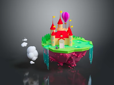 Floating Island Scenery With Red Roof Castle Hot Air Balloon Green Grass Pink Rocks Clouds 3d model