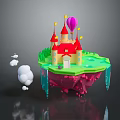 Floating Island Scenery With Red Roof Castle Hot Air Balloon Green Grass Pink Rocks Clouds
