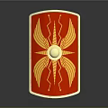 Red Shield With Golden Wing Patterns Spiral Designs And Central Emblem